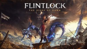 –ê—Ä—Ç –∏–≥—Ä—ã Flintlock: The Siege of Dawn —Å –∏–∑–æ–±—Ä–∞–∂–µ–Ω–∏–µ–º –≥–ª–∞–≤–Ω–æ–π –≥–µ—Ä–æ–∏–Ω–∏ –ù–æ—Ä –∏ –µ—ë –º–∏—Å—Ç–∏—á–µ—Å–∫–æ–≥–æ —Å–ø—É—Ç–Ω–∏–∫–∞ –≠–Ω–∫–∏, —Å—Ç–æ—è—â–∏—Ö –Ω–∞ —Ñ–æ–Ω–µ —Ä–∞–∑—Ä—É—à–µ–Ω–Ω–æ–≥–æ –ø–æ–ª—è –±–æ—è