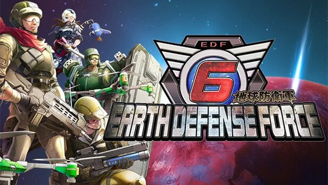 –õ–æ–≥–æ—Ç–∏–ø –∏ –ø–µ—Ä—Å–æ–Ω–∞–∂–∏ Earth Defense Force 6 –Ω–∞ —Ñ–æ–Ω–µ –∫–æ—Å–º–æ—Å–∞