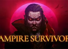 Логотип игры Vampire Survivors с изображением вампира с горящими глазами на фоне красной луны